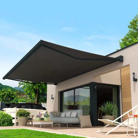 Tenda da sole a cassonetto integrale LEBRON 4,00x3,50 M (Motorizzazione con telecomando + Manovra di emergenza + LED - Grigio antracite strutturato RAL7016ST - Grigio microforato P128) (1/5)