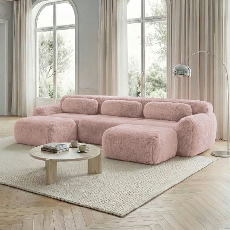 U-förmiges modulares Sofa, Plüschstoff, keine Montage, rutschfester Boden, mit Kissen. Ergonomische Unterstützung, hochelastischer Schaumstoff, geeignet für Wohnzimmer, Schlafzimmer, ,Rosa 
WL