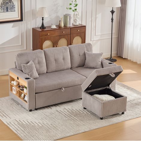 Canapé en velours côtelé gris clair 196 cm, convertible avec rangement, USB-C et LED (1/5)