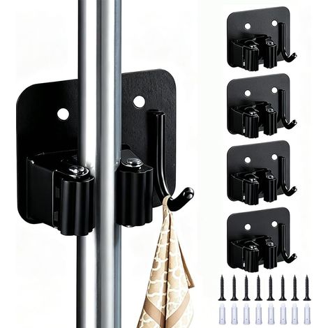 Stück Besenhalterung Wand ohne Bohren Edelstahl, Magnetischer Besenhalter mit Haken, 5,5 kg Tragfähigkeit, Wandhalterung Besen Gerätehalter für Garten Keller Haushalt, Schwarz (1/5)