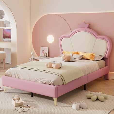Bett Kinderbett gepolstert modern 90x200 cm aus PU Rosa-Weiß, mit Kronen-Kopfteil und Lattenrost (1/5)