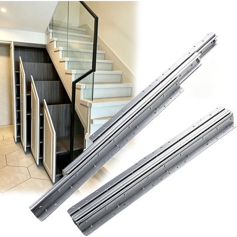 Rail Tiroir Coulissant,Rails à Billes Lourds, Capacité De Charge De 120 Kg,Rails Télescopiques En 3 Sections,Adaptés Aux Armoires De Rangement Sous l'Escalier, 1 Paire (2 Pcs) (argenté, 400-900mm) (1/5)