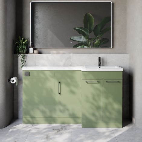 Napoli 390 Olive Green 1500mm 3 Door Vanity Unit Toilet Suite with Right Hand Square Lucia Basin - 1500mm - Matt Black 160mm HandleWithout Kingston Toilet Pan