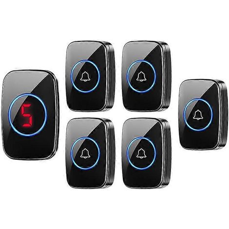 Sonnette sans fil intelligente étanche, kit de sonnette 1 à 2 portes, sonnette électronique numérique avec affichage, sonnerie puissante et alerte lumineuse pour la maison et le bureau (5 émetteurs)