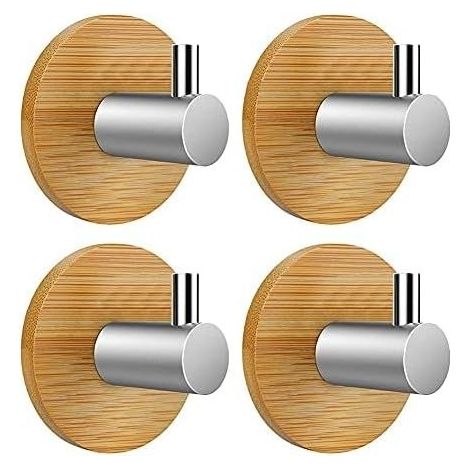 Hook Adhesive Hook Wall-mounted Hook Self-adhesive bathroom Kitchen Desk Door, 4 Pieces (Bamboo and Stainless Stainless steel,Round) (1/5)