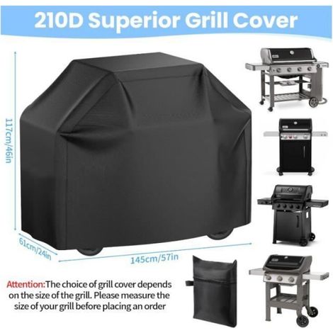 Housse de protection pour barbecue extérieur, tissu Oxford 210D, imperméable, résistant aux intempéries, dimensions 145 x 61 x 117 cm, couleur noire, protection complète pour barbecue de jardin (1/4)