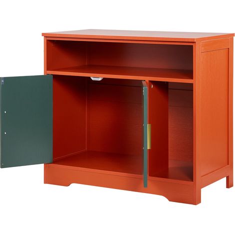 Cachette pour Litière Chat, 79,2 cm Meuble avec Étagère et Rangement, Style Moderne, Table d'Appoint en Bois, Convient à la Plupart des Bacs, Rouge et Vert (1/5)