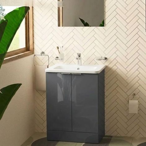 Vitra S20 Square Floor Standing 2-Door Vanity Unit and Basin 600mm Wide - High Gloss Anthracite (1/3)