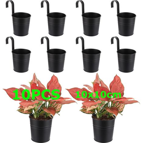Lot de 10 pots de fleurs suspendus en métal noir - Avec crochets - Pour plantes d'extérieur et balcon - Avec trou de drainage (1/5)