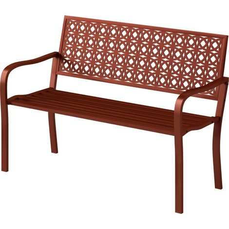 Banc extérieur en acier rouge, dossier découpé, accoudoirs, pour 2 personnes, banc de jardin en métal (1/5)