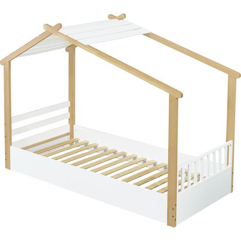 Cama cabaña infantil de madera 90 x 200 cm blanca y natural con somier de láminas (1/5)