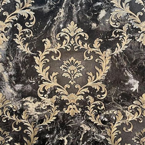 Vasari Sienna Damask Marble Black Gold Wallpaper Luxury Italian Textured Vinyl (1/4)