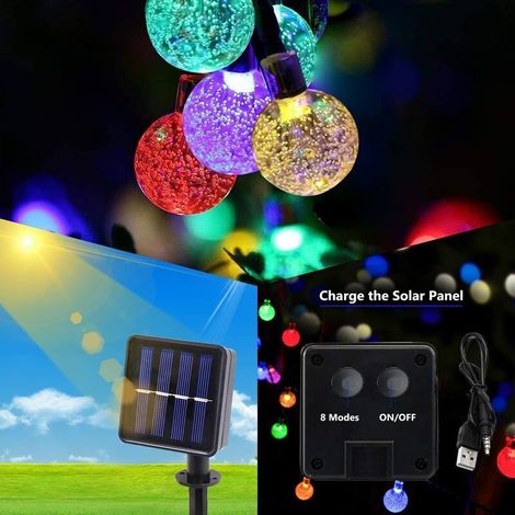 Guirlande lumineuse solaire d'extérieur avec prise USB, 50 LED 7 m, 8 modes, guirlande lumineuse solaire extérieure colorée IP65 résistant aux intempéries pour jardin, balcon, arbres, mariage (1/4)
