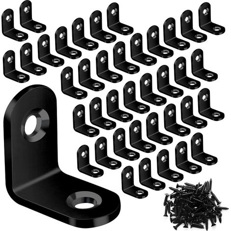 Ensemble de 40 équerres d'angle en L, en acier inoxydable, équerre à angle droit à 90 degrés, équerre métallique en L pour étagères, meubles en bois, armoires, tiroirs de chaises, avec 80 vis, noir (2