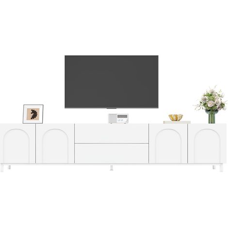 Armario de TV con cuatro puertas y dos cajones, cuerpo del armario de aglomerado + MDF, patas de tubo de acero, moderno armario de almacenamiento para sala de estar con puertas en forma de arco, sala  (1/5)