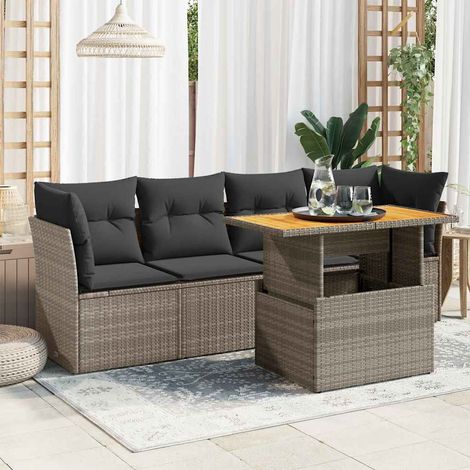 Salon de jardin 5 pièces avec coussins, rangement et table relevable, résine tressée grise - PANGIVO (1/5)