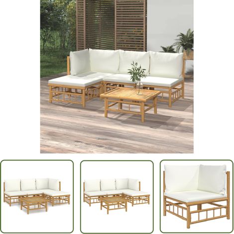 The Living Store 5-tlg. Garten-Lounge-Set mit Cremeweißen Kissen Bambus - Bambus Möbel - Gartenloungeset - Outdoor Möblierung - Esstisch - Wohnzimmergarnitur (1/5)