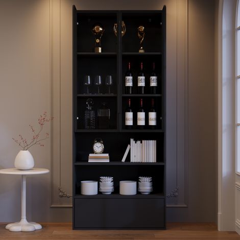 Vitrina alta 80x34x180 cm negra en MDF y vidrio con LED, cajón y compartimentos (1/5)