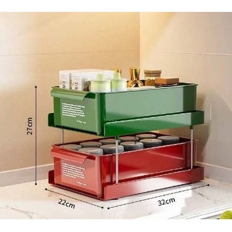 Scaffale da cucina a due livelli, organizer multifunzionale per barattoli di spezie, porta spezie per bottiglie e tazze, organizer per spezie da appoggio, rosso e verde. (1/4)