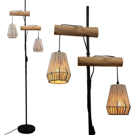 Lampadaire vintage bohème en rotin pour salon, design industriel en métal, corde et bois, avec interrupteur, noir beige, hauteur : 169 cm (1/5)