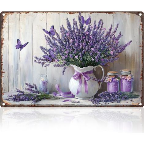 Décoration murale rétro en métal avec fleurs de lavande - 20 x 30 cm - Bouquet de printemps - Décoration murale vintage pour maison, café, chambre, salle de bain, cour, jardin, serre, cour (1/5)