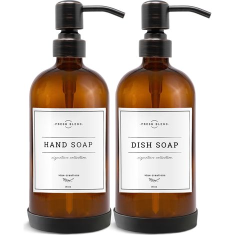 Lot de 2 distributeurs de Savon en Verre ambré, Bouteilles épaisses de 473,6 g en Acier Inoxydable, Accessoires de Cuisine et de Salle de Bain, étiquettes étanches (Bronze huilé Rond) (1/5)