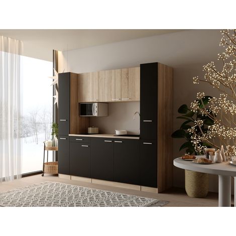 Küche Küchenzeile Singleküche Eiche Schwarz Ingrid 210cm o. Kühlschrank Respekta