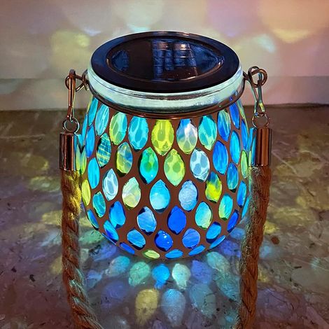Lampe solaire ovale mosaïque JeiibrZui - Suspension extérieure en verre - Étanche IP65 - Motif mosaïque bleu - Idéale pour terrasse, allée ou bassin (1/5)