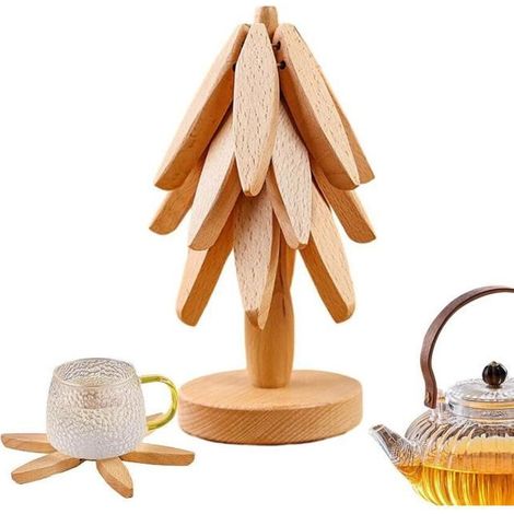 Dessous de Plat en Bois Noël,Coussinets de Cuisine en Bois,Pliable en Forme d'arbre,Résistants À La Chaleur pour Poêles Chaudes (1/4)