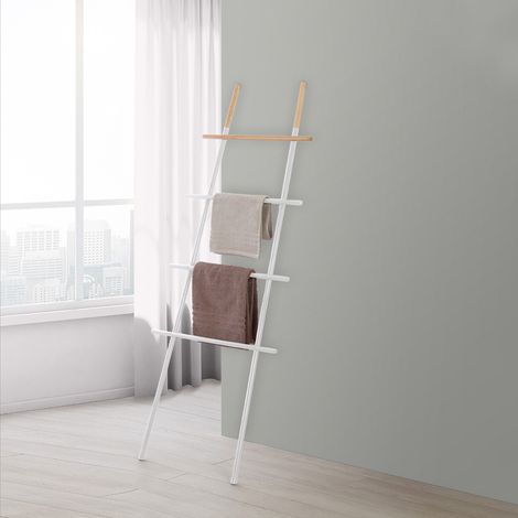 Scala Porta Asciugamani Moderna in Acciaio Bianco con Inserti in Legno H 170 cm (1/2)