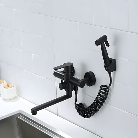 Premium Black Stainless Steel Kitchen Wall Faucet, Easy Installation, Dual Temperature Control, Extended Spout for Complete Cleaning - Elegance and Durability (1/4)