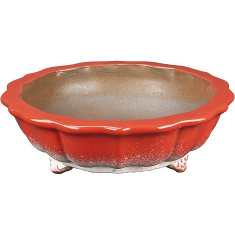 Vaso per bonsai rotondo (forma a fior di loto) in gres smaltato rosso 19,5x19,5x5 cm - YP63P (1/2)