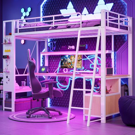 Lit mezzanine 90x200 cm avec LED, bureau, rangements, étagères, panneau perforé et USB, cadre fer blanc, Lit superposé idéal petit espace – BATDTECH (1/5)