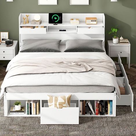 Lit coffre 160x200, rangement intégré lit double, gain d'espace, ports usb, structure bois massif (1/5)