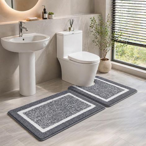 Tapis de Bain Doux, Tapis Salle de Bain Microfibre Moelleuse, Tapis de Douche Antidérapant Absorbant et Séchage Rapide, Lavable en Machine, Gris, 45x65cm+U50x60cm (1/5)