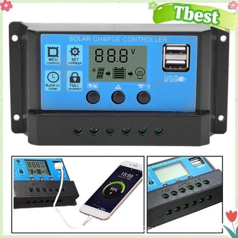 Tbest Régulateur solaire Contrleur de Solaire, écran LCD PWM Automatique 10 A 12 V 24 V avec electronique -controleur (1/5)
