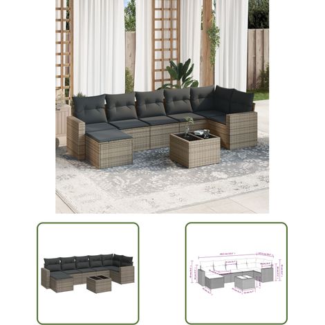 The Living Store 8-tlg. Garten-Sofagarnitur mit Kissen Grau Poly Rattan - Gartenmöbel Set - PE-Rattan Möbel - Outdoor Sofa - Esstisch - Lounge Garnitur