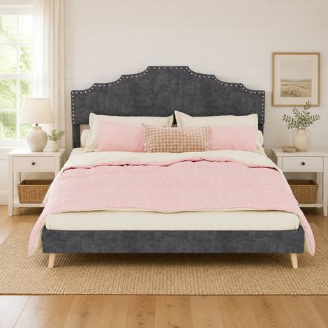 Lit 160x200 tête de lit géométrique tissu gris HAVRYA (1/5)