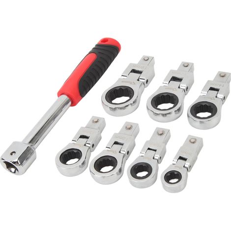 Clé à cliquet flexible 8 pièces avec 7 têtes à changement rapide, rotation à 180°, 72 dents, acier au chrome-vanadium, mesure métrique (1/5)