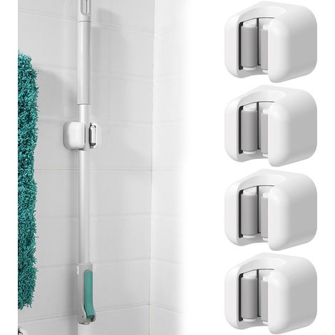 Lot de 4 supports muraux pour balai et serpillère auto-adhésifs sans perçage crochets de rangement pour cuisine, salle de bain et garage (blanc) (1/5)