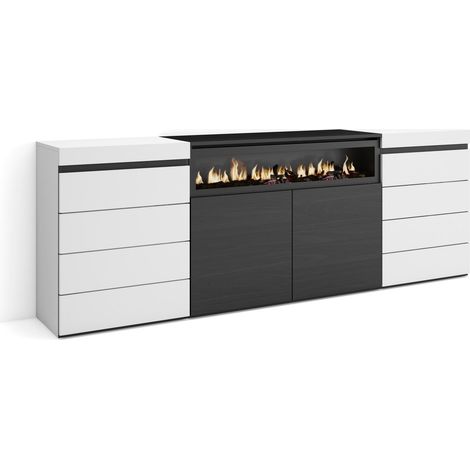 Skraut Home – Buffet moderne 214x35x75cm – Meuble de rangement blanc et noir – Design élégant avec cheminée électrique intégrée (1/5)
