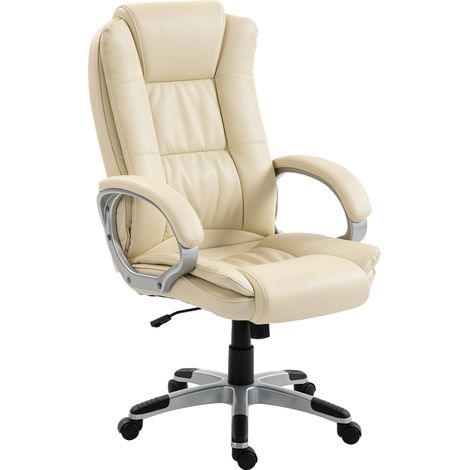 Fauteuil de bureau pivotant en similicuir beige, avec fonction bascule, dossier haut et hauteur réglable. (1/5)
