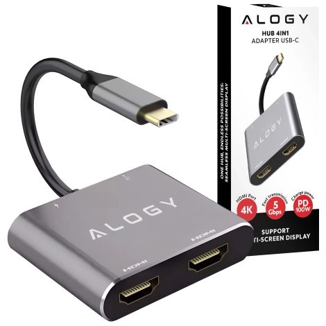 Adattatore HUB Alogy 4 in 1 da USB-C a 2x HDMI, USB 3.0, ricarica rapida USB-C, Power Delivery PD 100W (1/5)