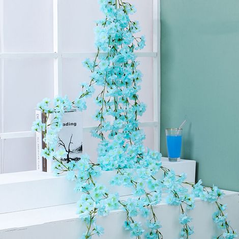 Artificial Vine Cherry Flower Sakura Blossom Garland Home Decoration for Bedroom Office Sky Blue