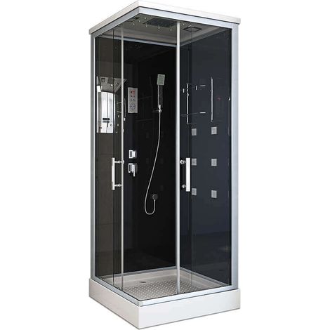 Home Deluxe – Cabine de douche rectangulaire 90 x 80 cm – Verre de sécurité ESG noir – Douche à effet pluie avec radio et éclairage LED – Montage facile (1/5)