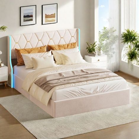 Cama doble 160 x 200 cm con somier de lamas de terciopelo, Cama 160x200 cm con LED, Cofre de almacenamiento, Cama de adulto, Beige (1/5)