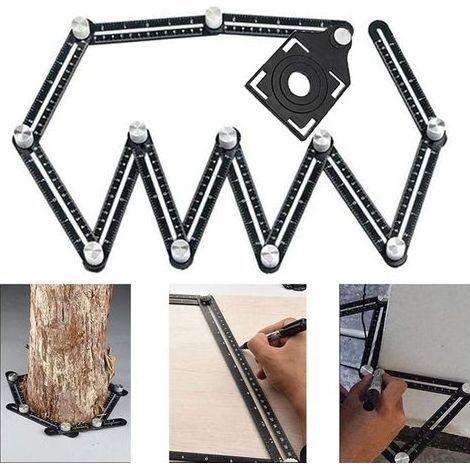 Mehrwinkel-Messlineal, Mehrwinkelwerkzeug, 12-seitiges Winkelmessgerät, Fliesenloch-Messlineal mit 3 Lochpositionierungsöffnungen, Metall/schwarz (1/5)
