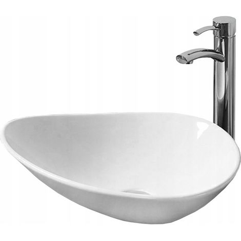Vasque à poser ovale Silla, lavabo salle de bain en céramique 53x41,5x13 cm, design moderne, installation facile, Blanc