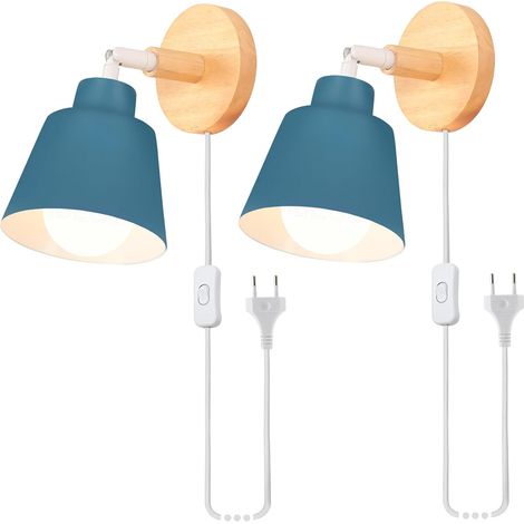 2 Pack Retro Vintage Wall Lights E27 Industrial Wood and Metal Adjustable Interior Wall Lamp with Socket and Switch Modern for Bedroom, Living Room, Cafe (Oxford Blue) (1/5)