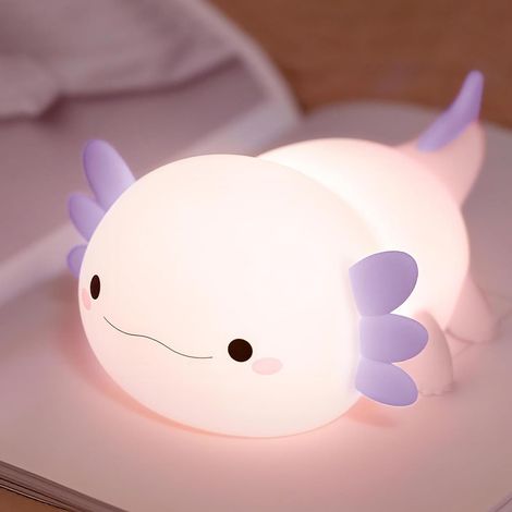 Veilleuse Axolotl Violet, Lampe Chevet Silicone Souple Sans BPA Lampe Kawaii Sourire Adorable, Tactile 2 Niveaux, Minuteur 20min, USB 1200mAh, 3000K, Cadeau Anti-Stress (1/4)